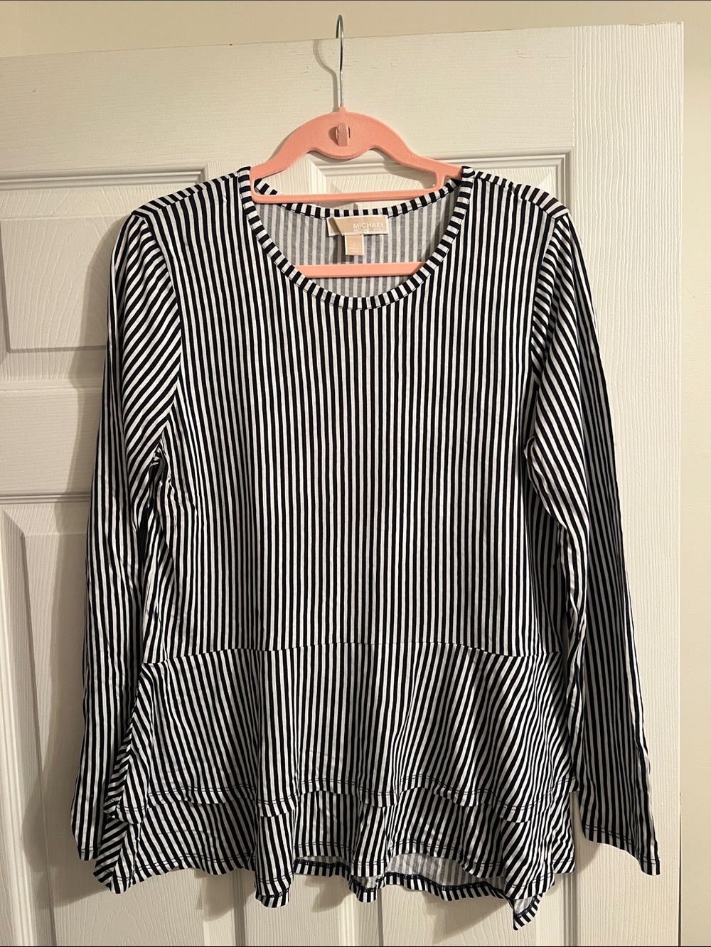 Michael Kors Navy Blue and White Striped Long Sleeve Peplum Top - Picture 1 of 3
